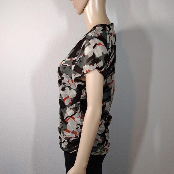 Kenneth Cole Reaction Brown Green Orange Floral Cinched Short Sleeve Sheer Shirt - Picture 4 of 12